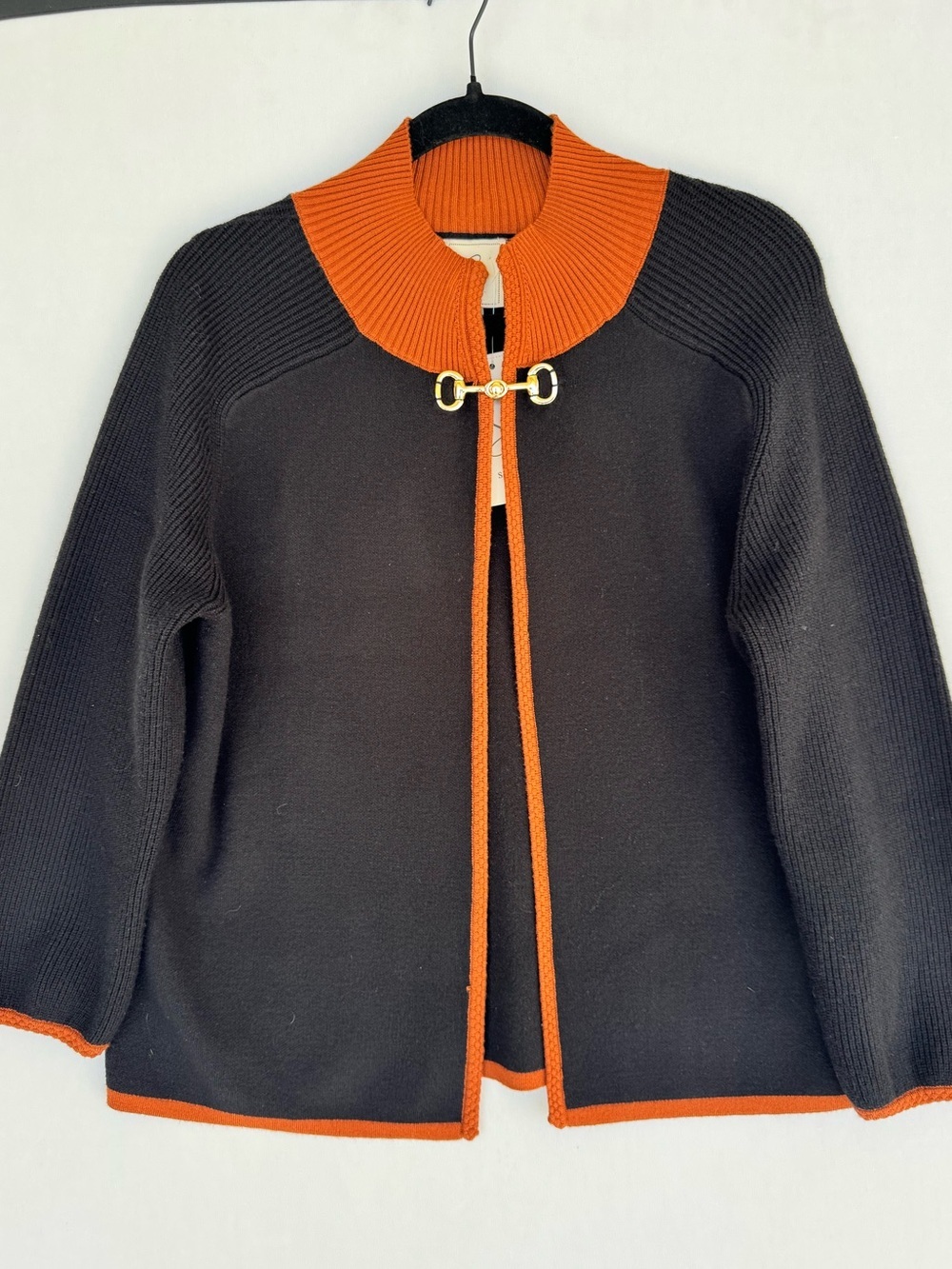 Sioni Black Sweater with Rust Orange Trim and Gold Hardware